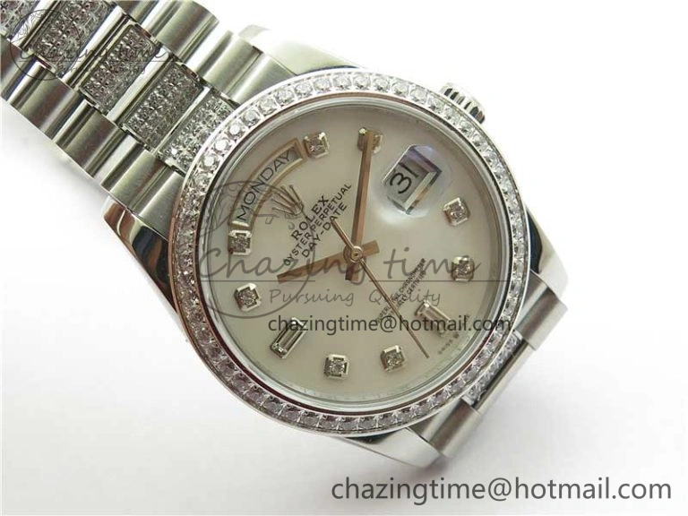 Snug Day-Date 36mm 128239 SS Crystal BP Best Edition White MOP Crystal Marker Dial on SS President Bracelet A 2682