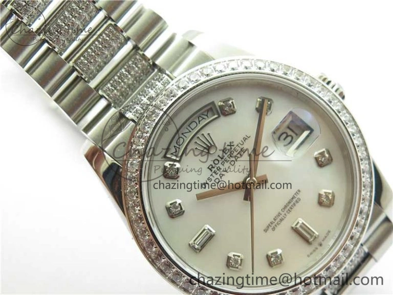 Snug Day-Date 36mm 128239 SS Crystal BP Best Edition White MOP Crystal Marker Dial on SS President Bracelet A 2682
