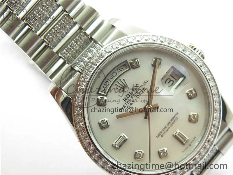 Snug Day-Date 36mm 128239 SS Crystal BP Best Edition White MOP Crystal Marker Dial on SS President Bracelet A 2682