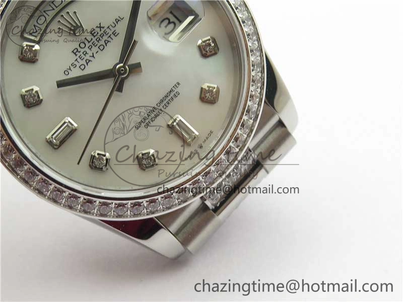 Snug Day-Date 36mm 128239 SS Crystal BP Best Edition White MOP Crystal Marker Dial on SS President Bracelet A 2682