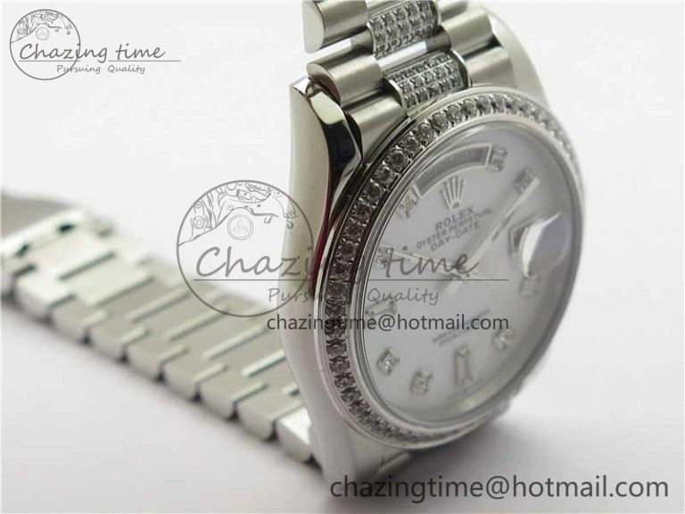 Snug Day-Date 36mm 128239 SS Crystal BP Best Edition White MOP Crystal Marker Dial on SS President Bracelet A 2682