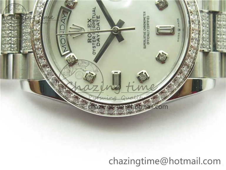 Snug Day-Date 36mm 128239 SS Crystal BP Best Edition White MOP Crystal Marker Dial on SS President Bracelet A 2682