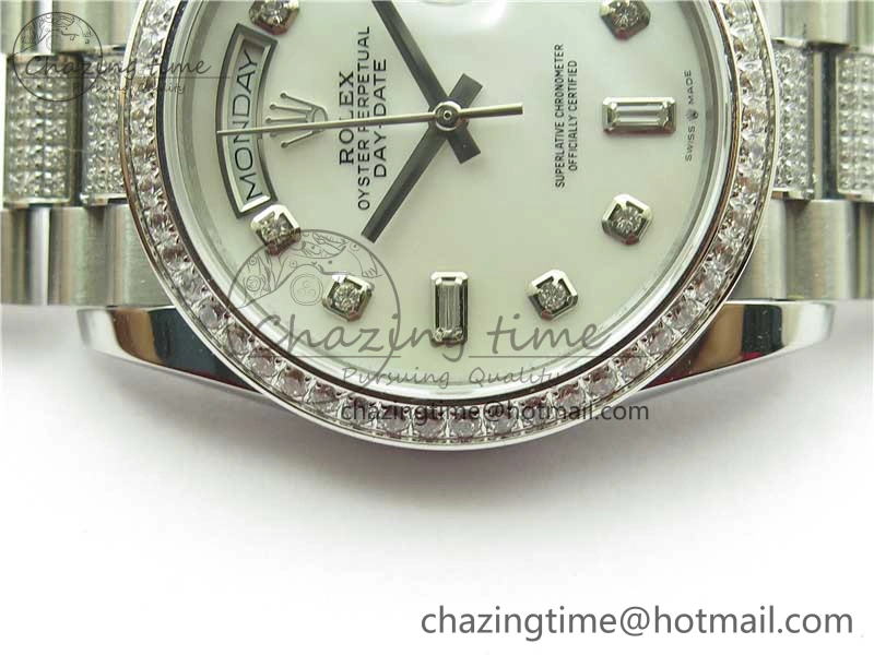 Snug Day-Date 36mm 128239 SS Crystal BP Best Edition White MOP Crystal Marker Dial on SS President Bracelet A 2682