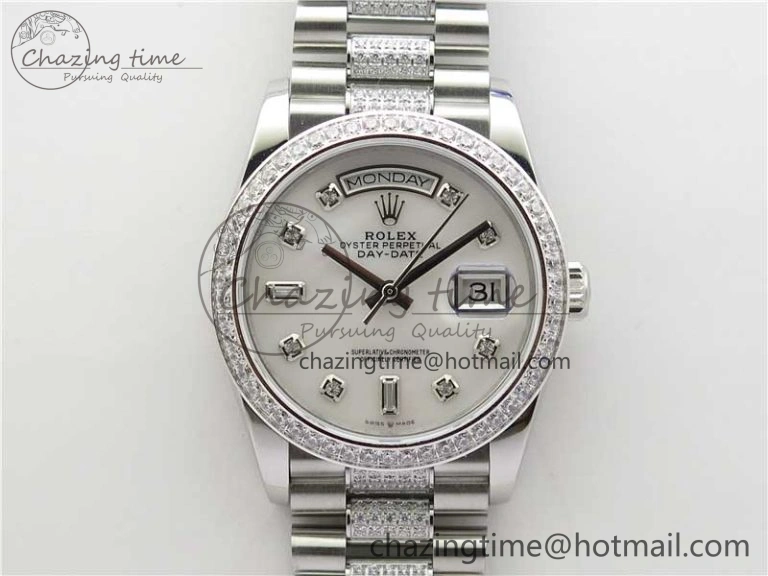 Day-Date 36mm 128239 SS Crystal BP Best Edition White MOP Crystal Marker Dial on SS President Bracelet A AllSeason 10353