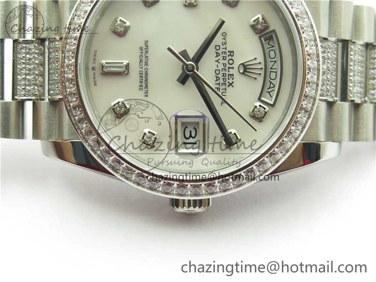 Snug Day-Date 36mm 128239 SS Crystal BP Best Edition White MOP Crystal Marker Dial on SS President Bracelet A 2682