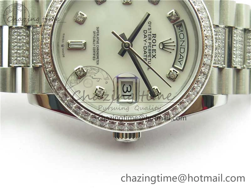 Snug Day-Date 36mm 128239 SS Crystal BP Best Edition White MOP Crystal Marker Dial on SS President Bracelet A 2682
