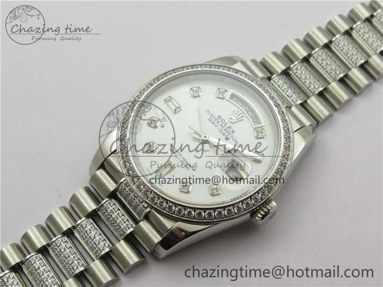 Snug Day-Date 36mm 128239 SS Crystal BP Best Edition White MOP Crystal Marker Dial on SS President Bracelet A 2682