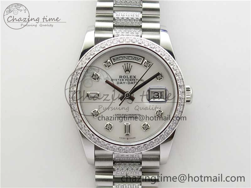 Snug Day-Date 36mm 128239 SS Crystal BP Best Edition White MOP Crystal Marker Dial on SS President Bracelet A 2682