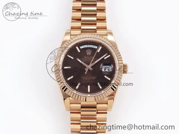 Attractive Day Date 40 RG JDF 904L Steel Brown Stick Dial on President Bracelet VR3255 V3 (Gain Weight) 1352