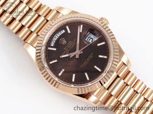 Attractive Day Date 40 RG JDF 904L Steel Brown Stick Dial on President Bracelet VR3255 V3 (Gain Weight) 1352