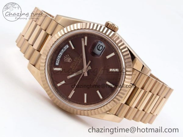 EyeCatching Day Date 40 RG JDF 904L Steel Brown Textured Stick Dial on President Bracelet VR3255 V3 (Gain Weight) 1359