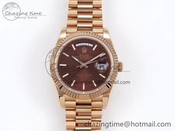 EyeCatching Day Date 40 RG JDF 904L Steel Brown Textured Stick Dial on President Bracelet VR3255 V3 (Gain Weight) 1359