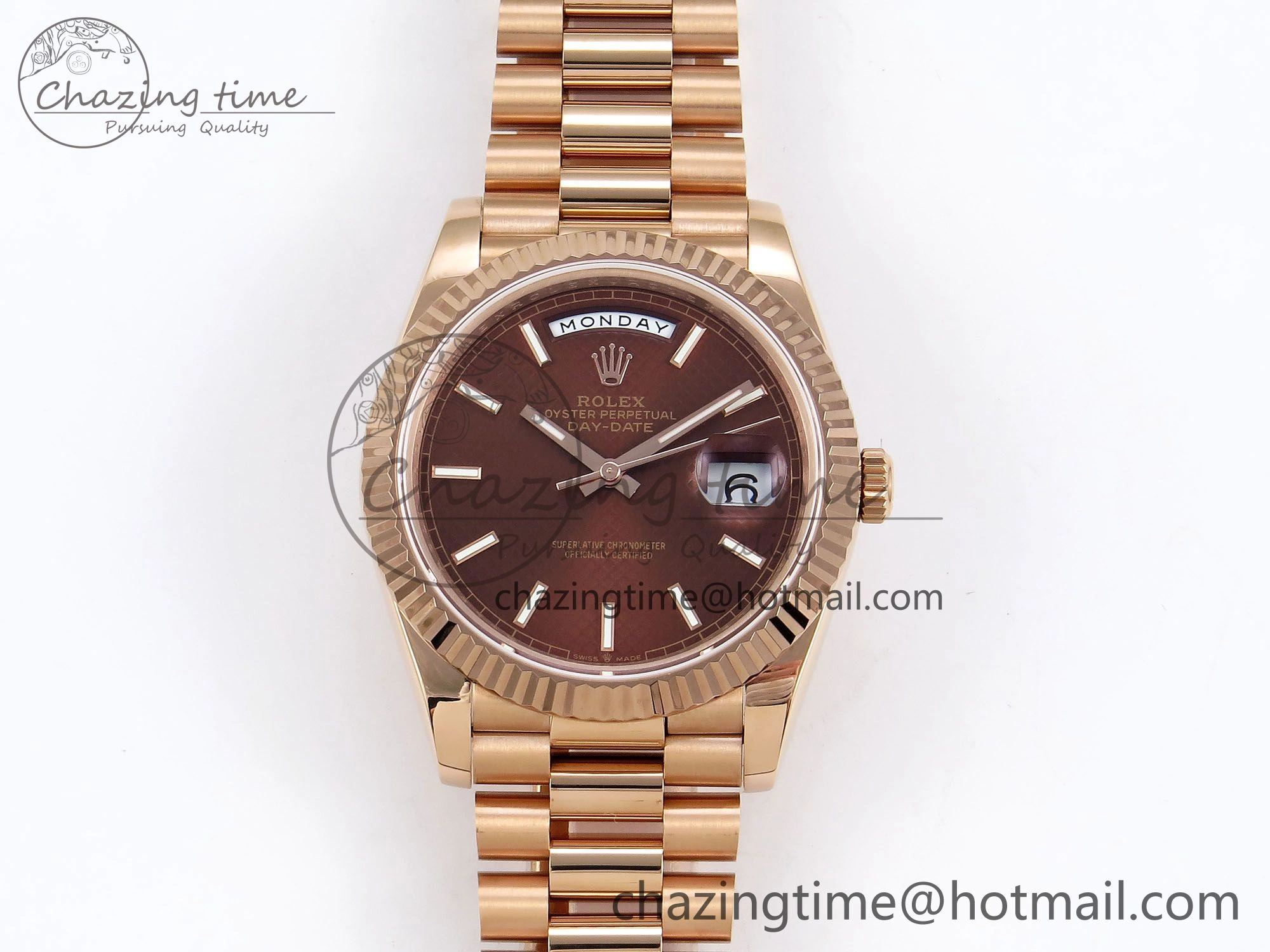 EyeCatching Day Date 40 RG JDF 904L Steel Brown Textured Stick Dial on President Bracelet VR3255 V3 (Gain Weight) 1359