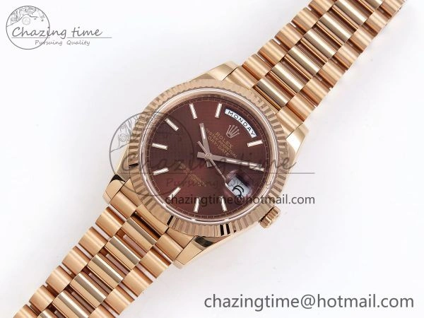 EyeCatching Day Date 40 RG JDF 904L Steel Brown Textured Stick Dial on President Bracelet VR3255 V3 (Gain Weight) 1359