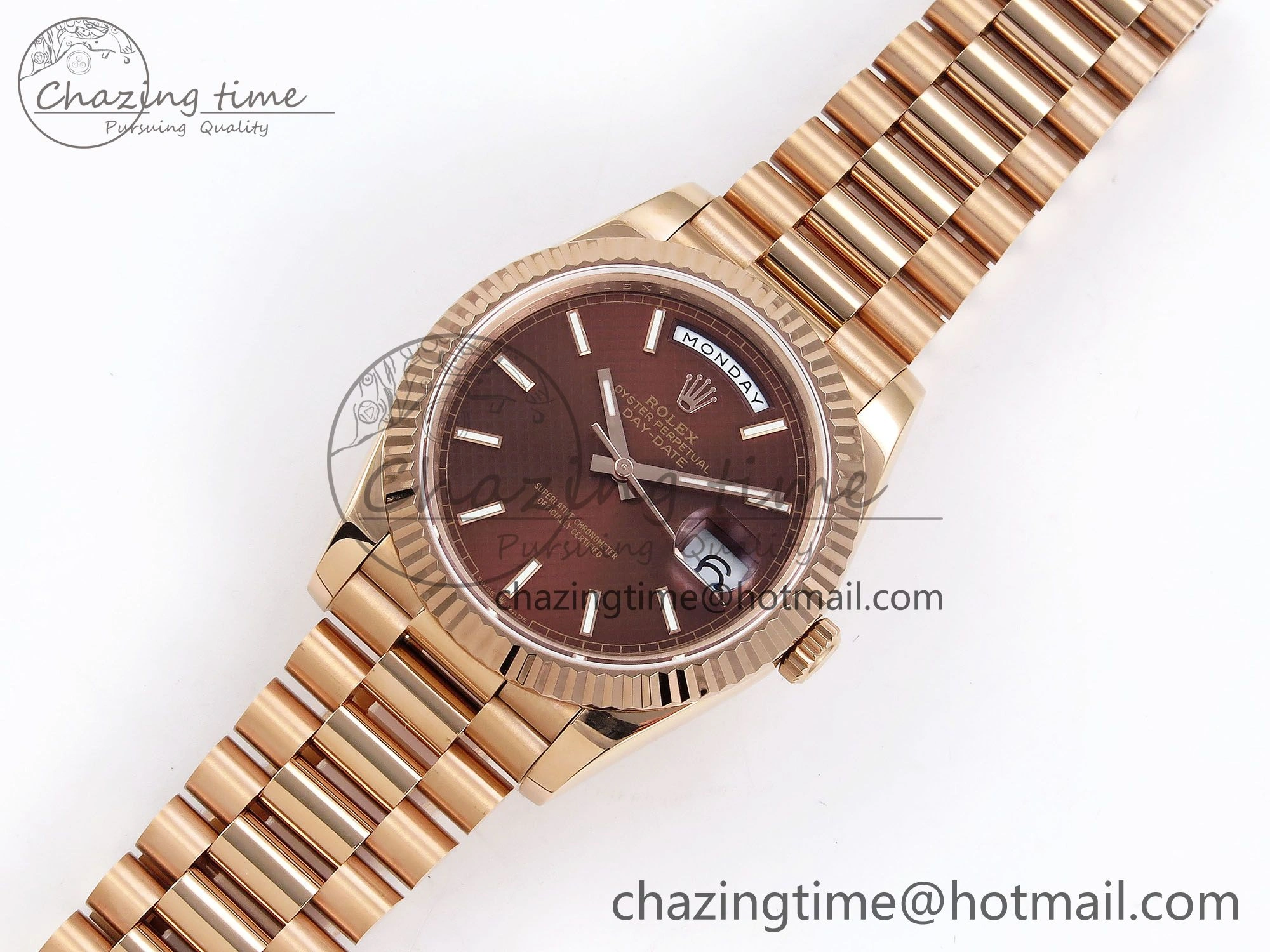 EyeCatching Day Date 40 RG JDF 904L Steel Brown Textured Stick Dial on President Bracelet VR3255 V3 (Gain Weight) 1359