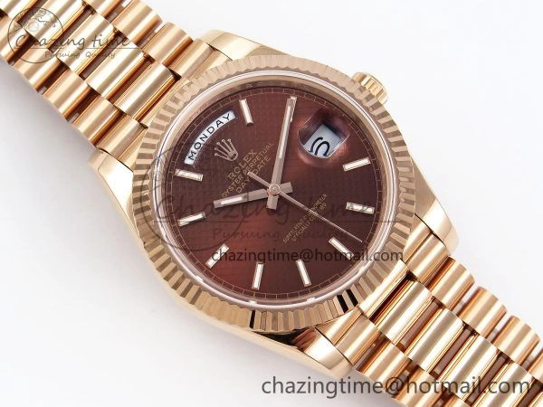 EyeCatching Day Date 40 RG JDF 904L Steel Brown Textured Stick Dial on President Bracelet VR3255 V3 (Gain Weight) 1359