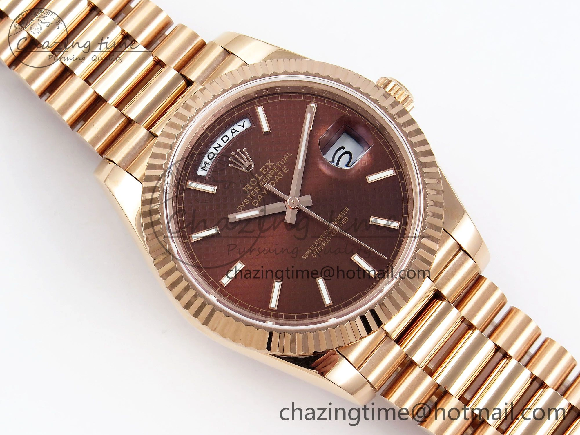 EyeCatching Day Date 40 RG JDF 904L Steel Brown Textured Stick Dial on President Bracelet VR3255 V3 (Gain Weight) 1359