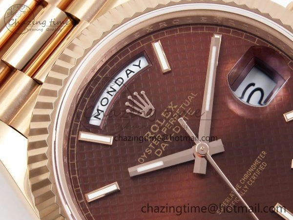 EyeCatching Day Date 40 RG JDF 904L Steel Brown Textured Stick Dial on President Bracelet VR3255 V3 (Gain Weight) 1359