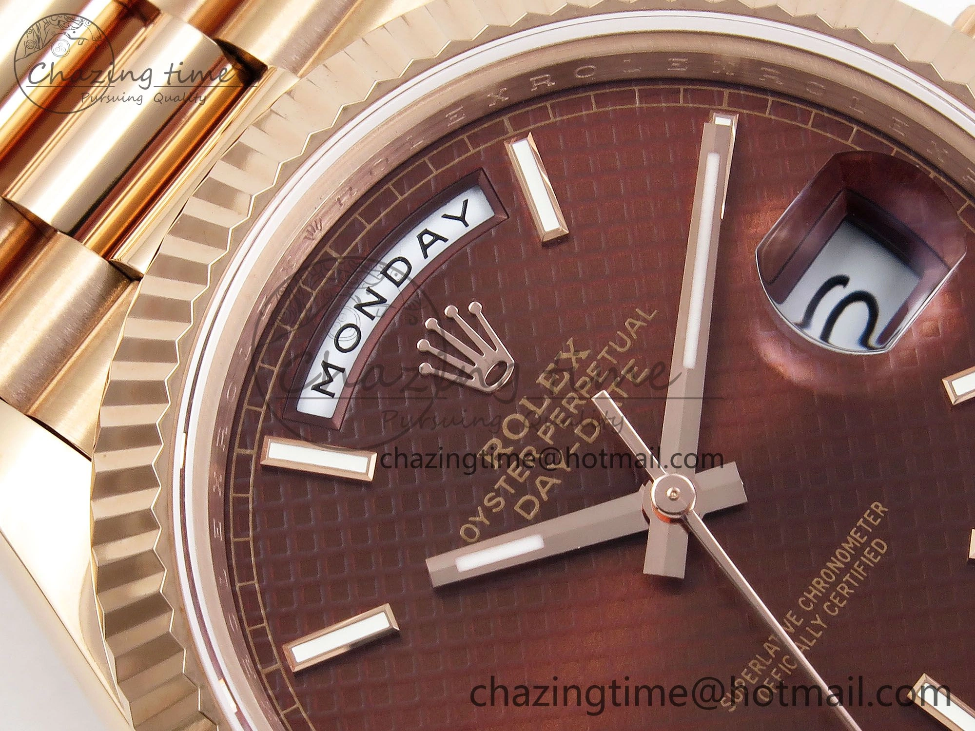 EyeCatching Day Date 40 RG JDF 904L Steel Brown Textured Stick Dial on President Bracelet VR3255 V3 (Gain Weight) 1359