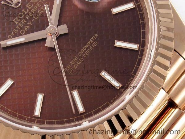 EyeCatching Day Date 40 RG JDF 904L Steel Brown Textured Stick Dial on President Bracelet VR3255 V3 (Gain Weight) 1359