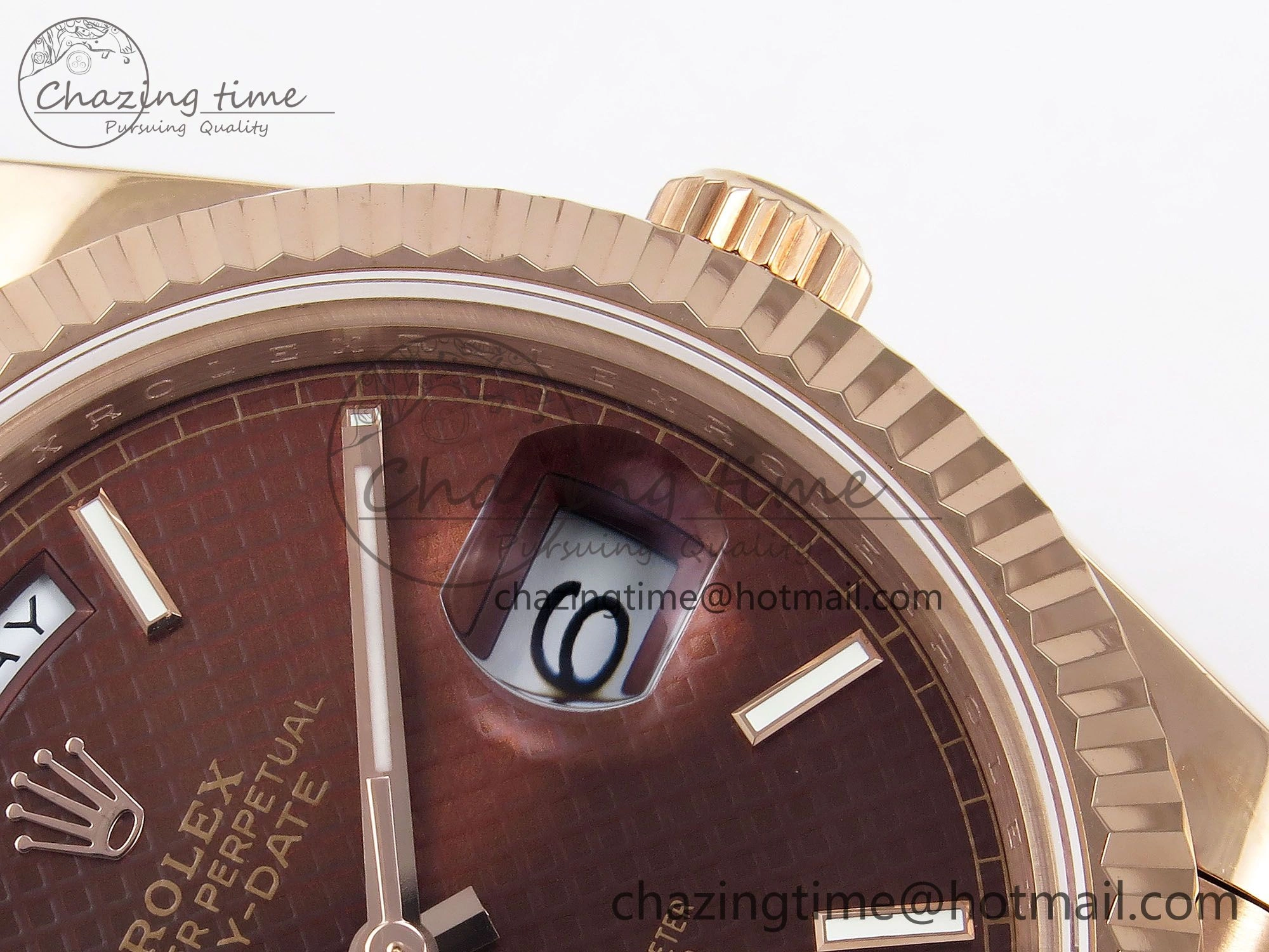 EyeCatching Day Date 40 RG JDF 904L Steel Brown Textured Stick Dial on President Bracelet VR3255 V3 (Gain Weight) 1359
