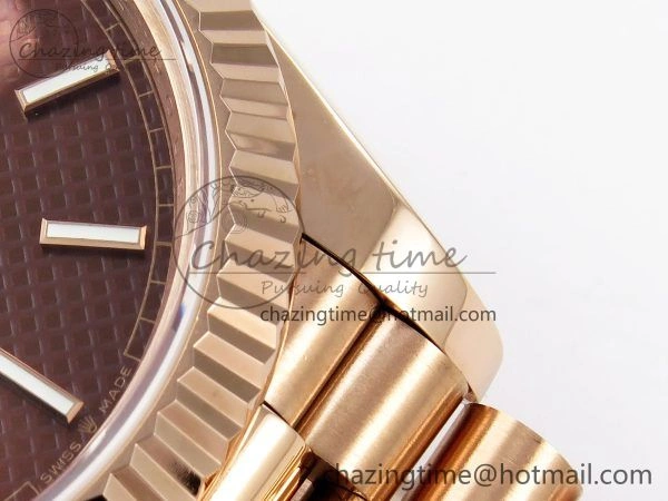 EyeCatching Day Date 40 RG JDF 904L Steel Brown Textured Stick Dial on President Bracelet VR3255 V3 (Gain Weight) 1359