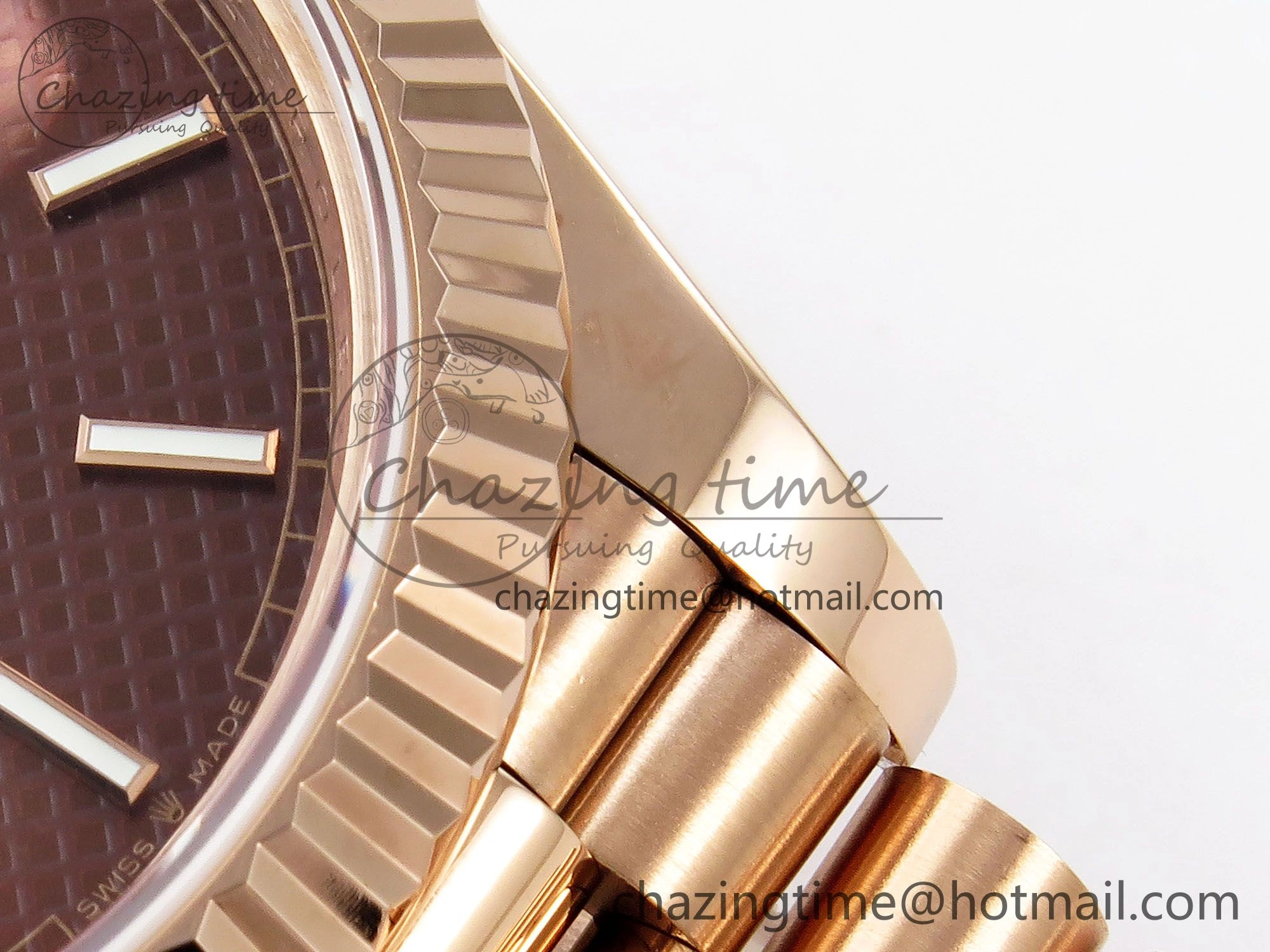 EyeCatching Day Date 40 RG JDF 904L Steel Brown Textured Stick Dial on President Bracelet VR3255 V3 (Gain Weight) 1359