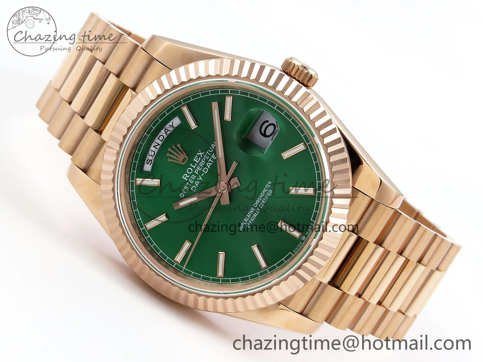 Refined Day Date 40 RG JDF 904L Steel Green Stick Dial on President Bracelet VR3255 V3 (Gain Weight) 1354