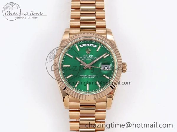 Refined Day Date 40 RG JDF 904L Steel Green Stick Dial on President Bracelet VR3255 V3 (Gain Weight) 1354