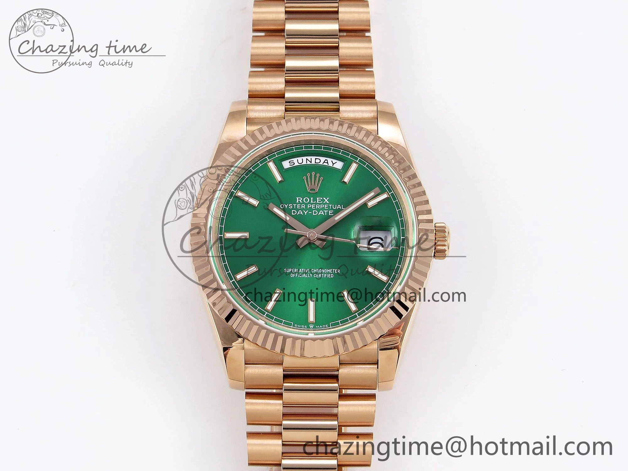 Refined Day Date 40 RG JDF 904L Steel Green Stick Dial on President Bracelet VR3255 V3 (Gain Weight) 1354