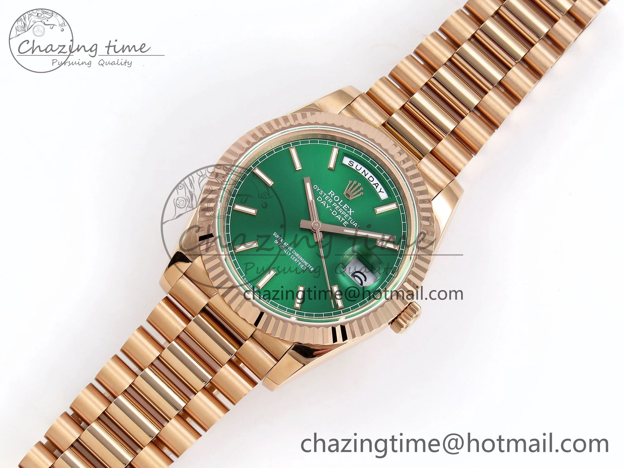 Refined Day Date 40 RG JDF 904L Steel Green Stick Dial on President Bracelet VR3255 V3 (Gain Weight) 1354