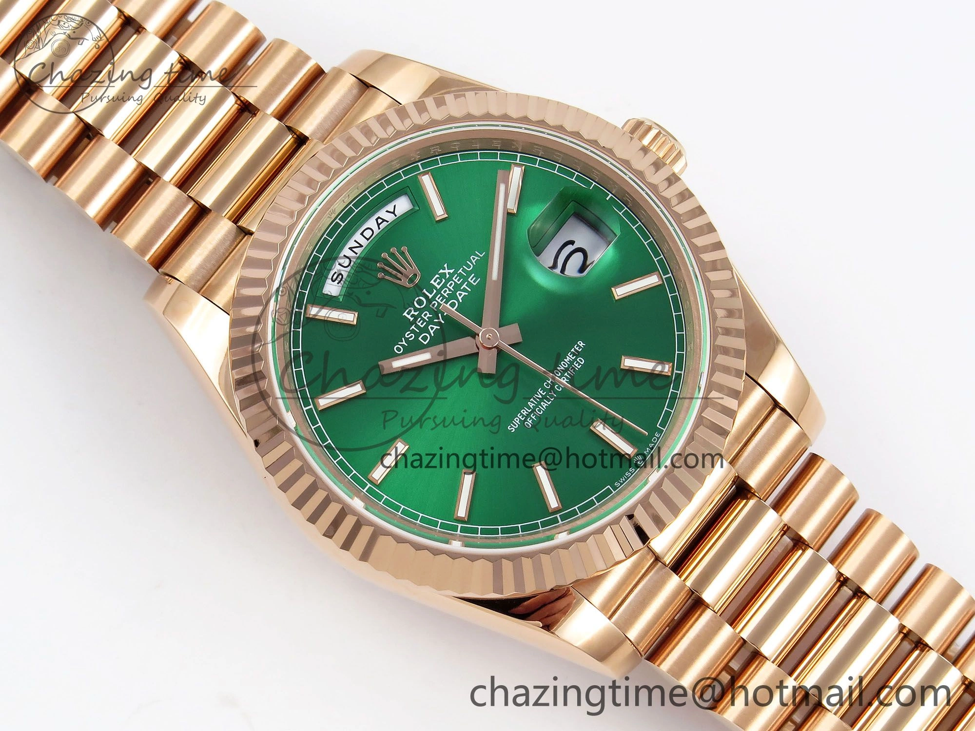 Refined Day Date 40 RG JDF 904L Steel Green Stick Dial on President Bracelet VR3255 V3 (Gain Weight) 1354