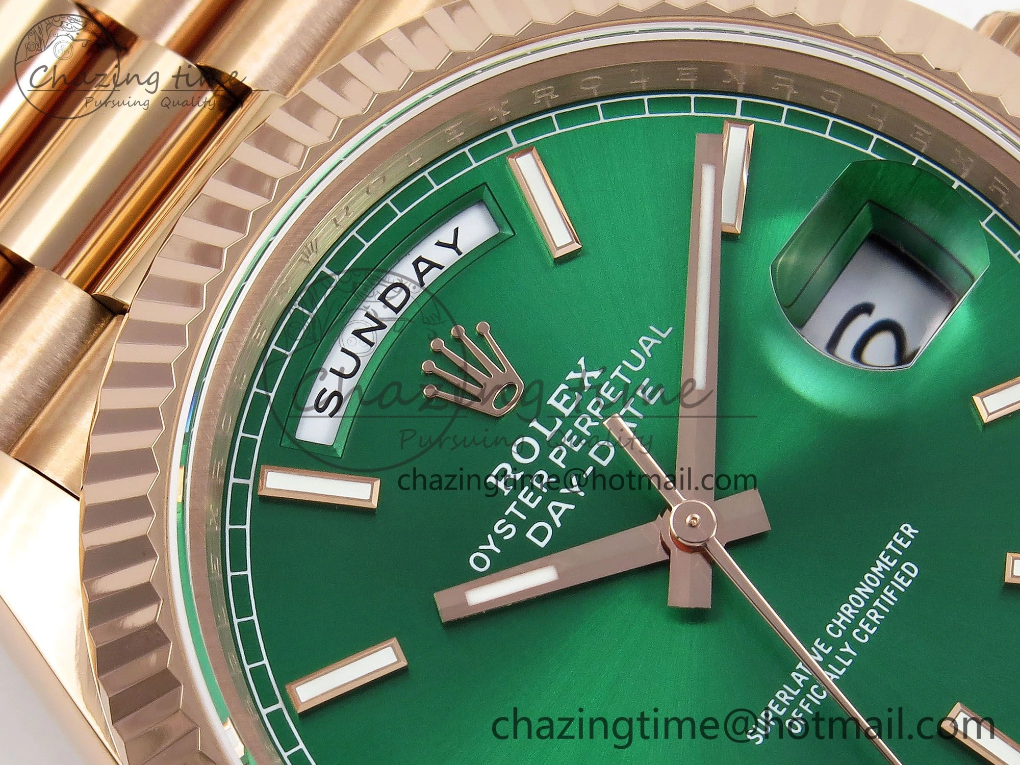 Refined Day Date 40 RG JDF 904L Steel Green Stick Dial on President Bracelet VR3255 V3 (Gain Weight) 1354