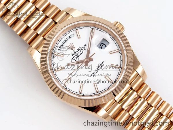 Stylish Day Date 40 RG JDF 904L Steel White Stick Dial on President Bracelet VR3255 V3 (Gain Weight) 1353