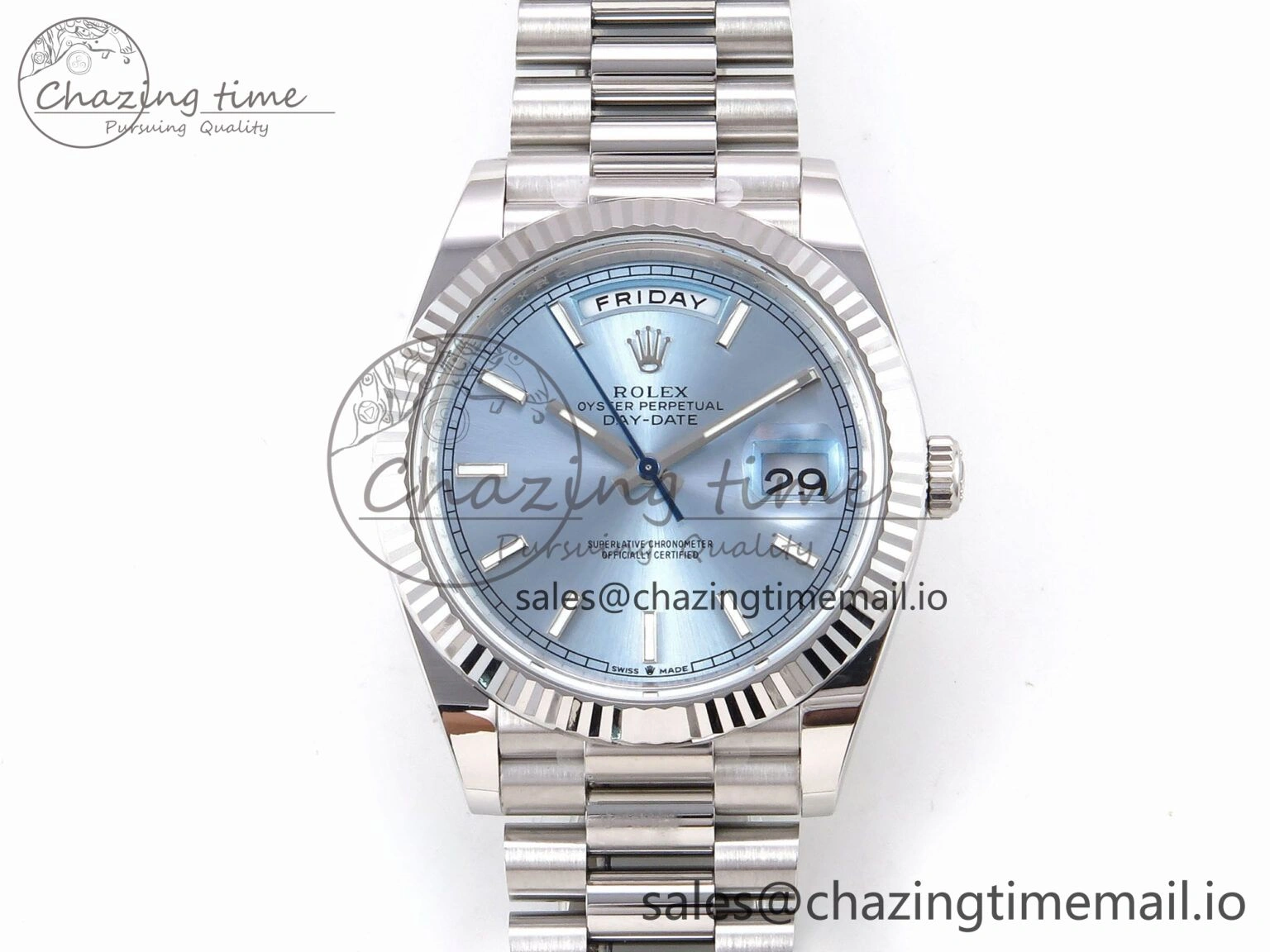 Day Date 40 SS 228236 THBF 1:1 Best Edition Ice-Blue Stick Dial on President Bracelet VR3255 (Gain Weight) Stretchable 951