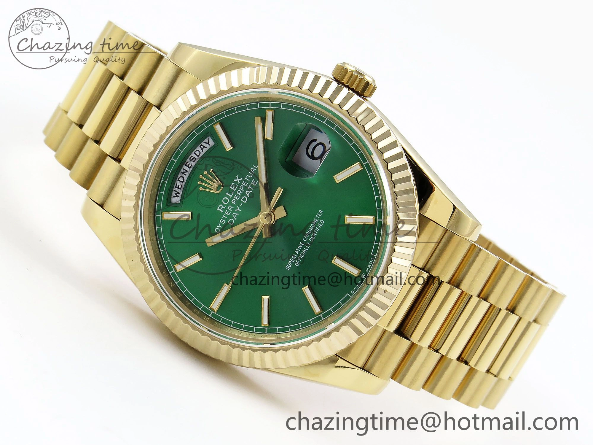 FastDry Day Date 40 YG JDF 904L Steel Green Stick Dial on President Bracelet VR3255 V3 (Gain Weight) 1372