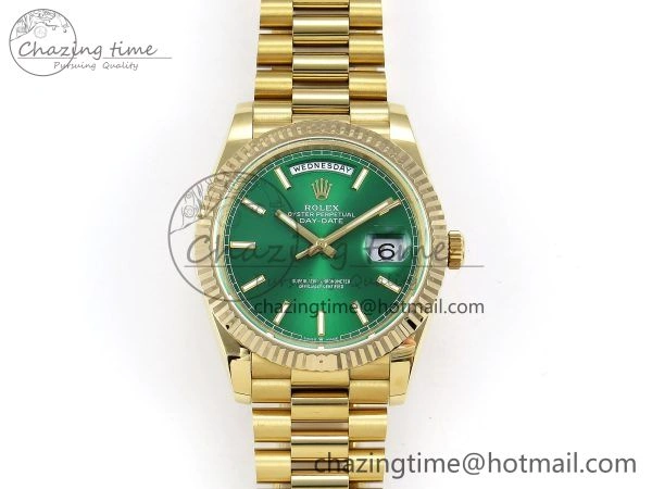 FastDry Day Date 40 YG JDF 904L Steel Green Stick Dial on President Bracelet VR3255 V3 (Gain Weight) 1372