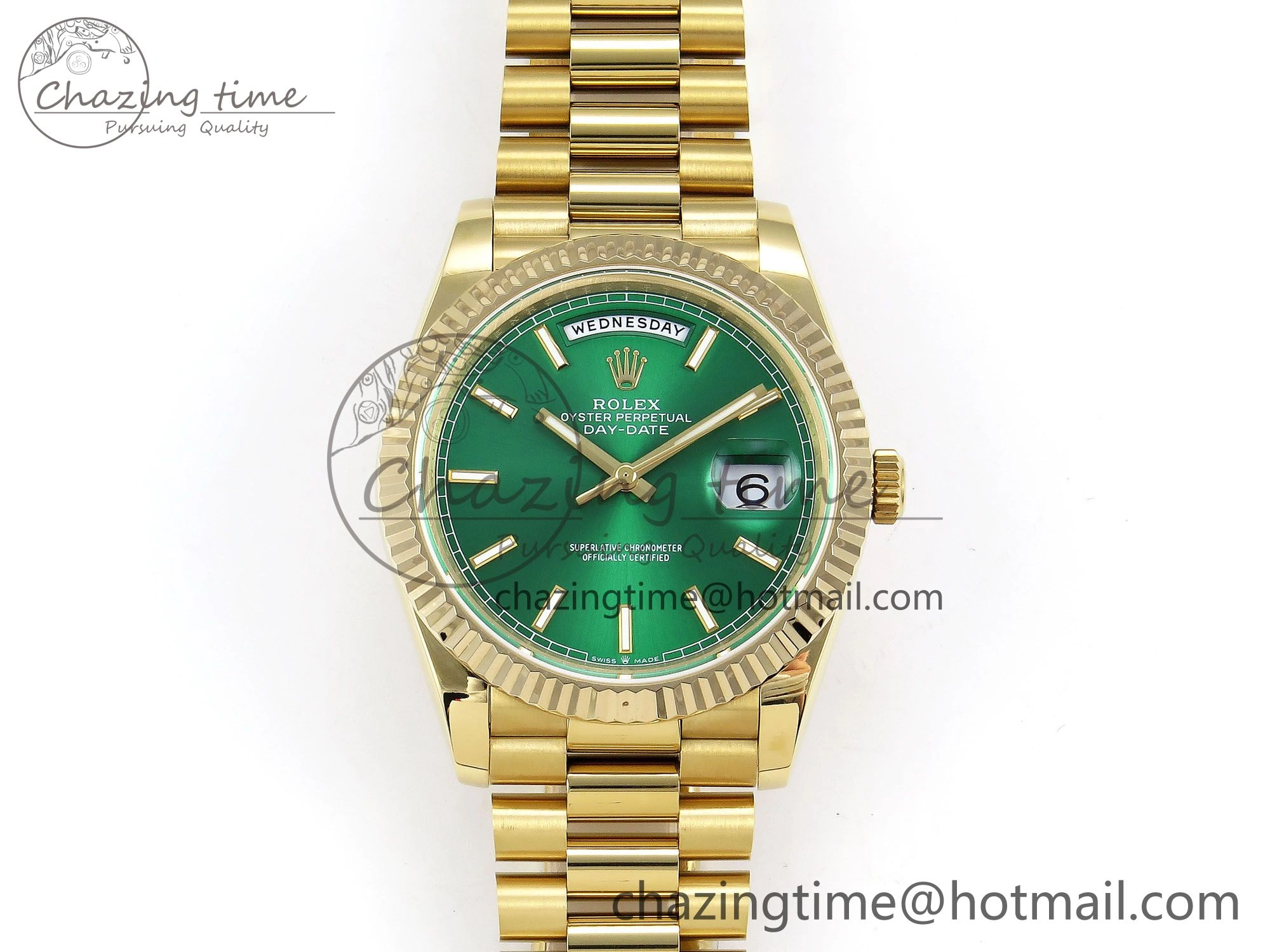FastDry Day Date 40 YG JDF 904L Steel Green Stick Dial on President Bracelet VR3255 V3 (Gain Weight) 1372
