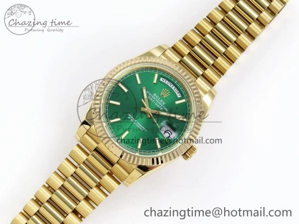 FastDry Day Date 40 YG JDF 904L Steel Green Stick Dial on President Bracelet VR3255 V3 (Gain Weight) 1372
