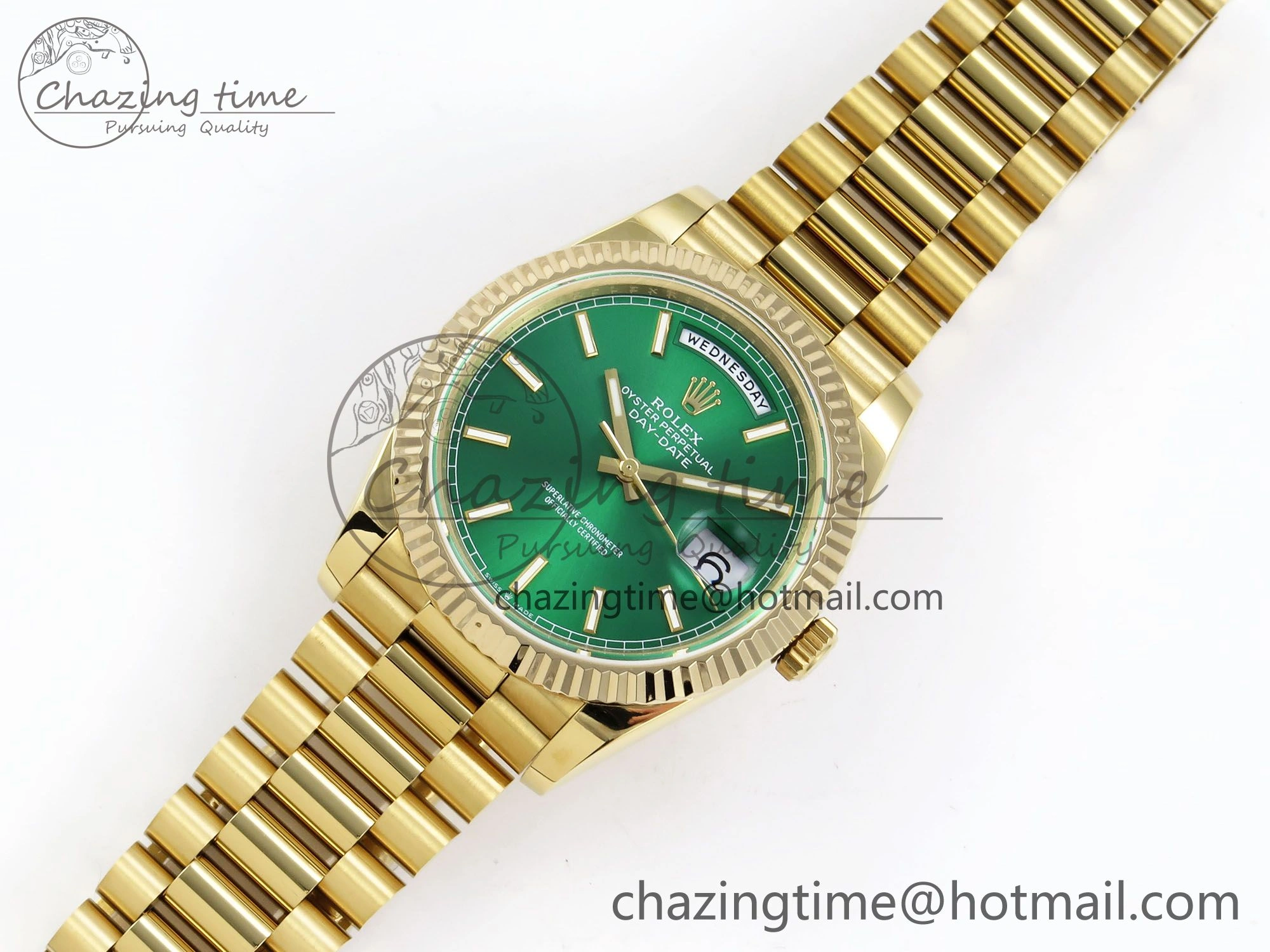 FastDry Day Date 40 YG JDF 904L Steel Green Stick Dial on President Bracelet VR3255 V3 (Gain Weight) 1372
