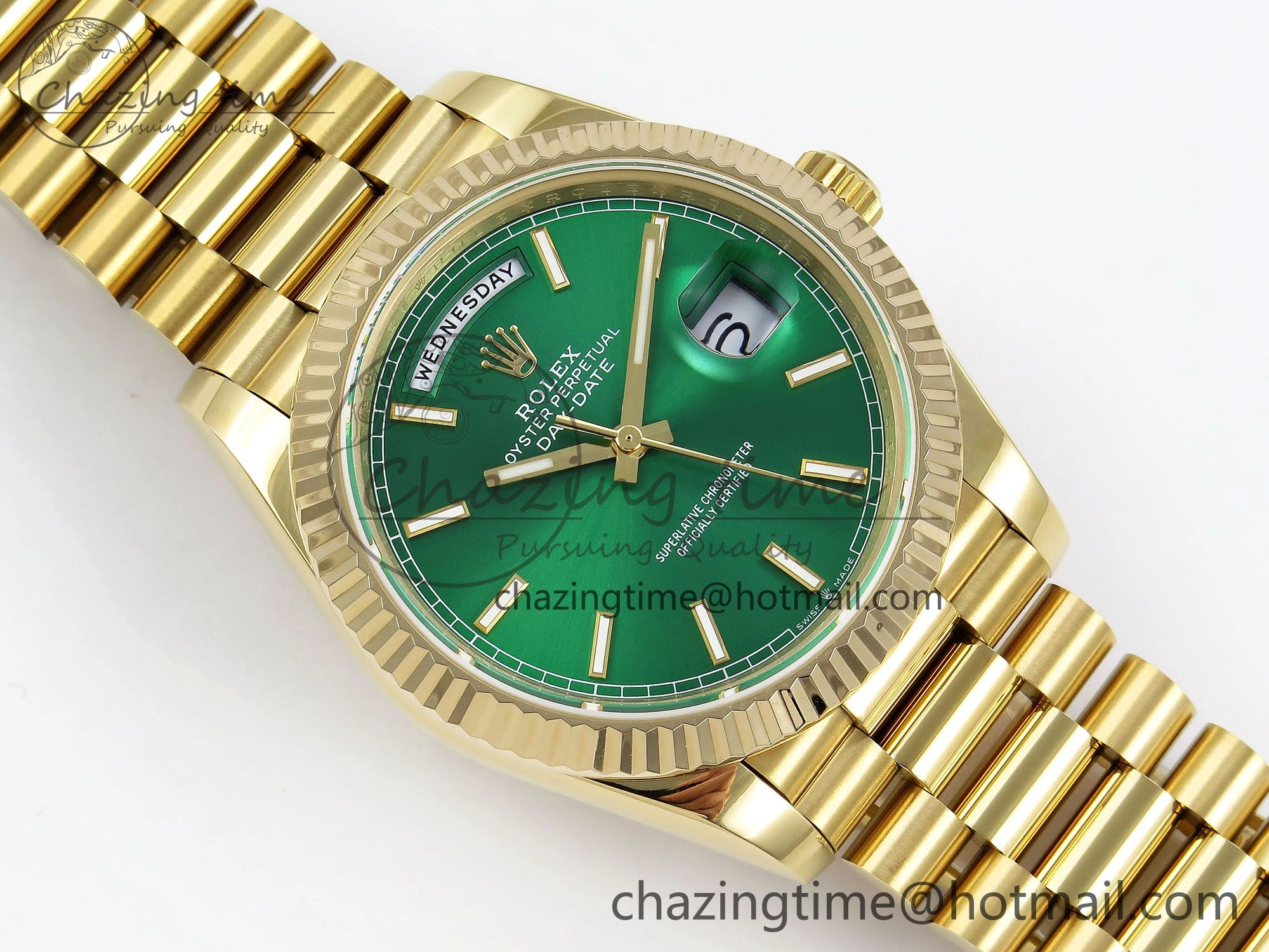 FastDry Day Date 40 YG JDF 904L Steel Green Stick Dial on President Bracelet VR3255 V3 (Gain Weight) 1372