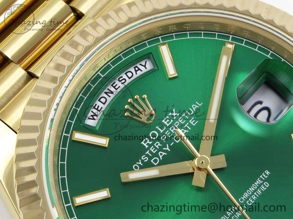 FastDry Day Date 40 YG JDF 904L Steel Green Stick Dial on President Bracelet VR3255 V3 (Gain Weight) 1372