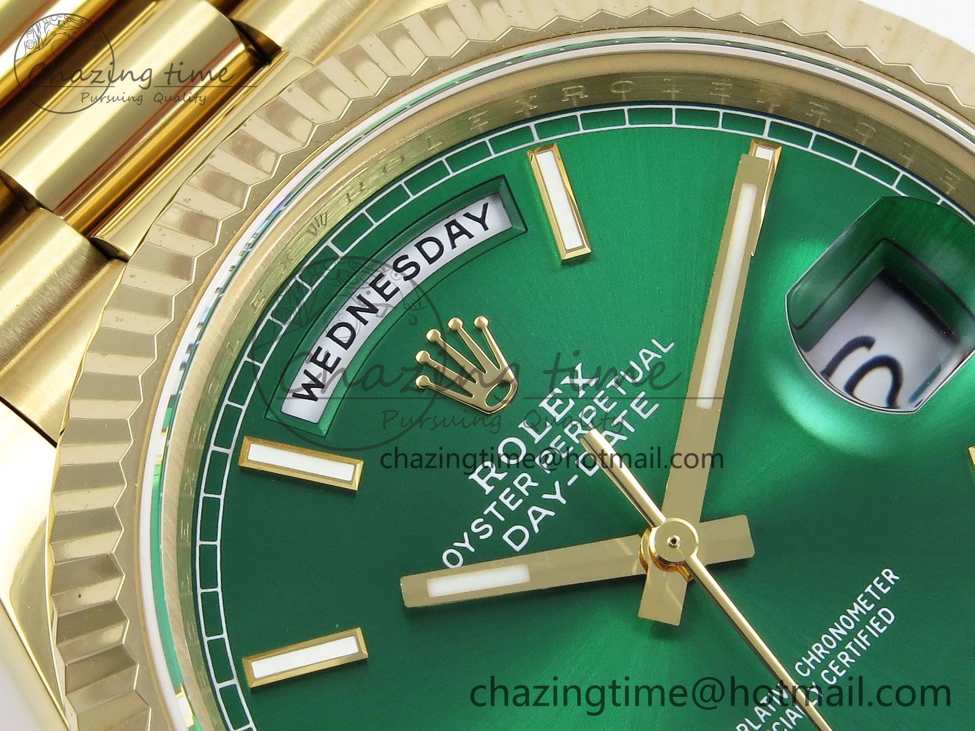 FastDry Day Date 40 YG JDF 904L Steel Green Stick Dial on President Bracelet VR3255 V3 (Gain Weight) 1372