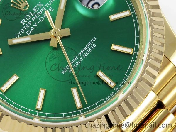 FastDry Day Date 40 YG JDF 904L Steel Green Stick Dial on President Bracelet VR3255 V3 (Gain Weight) 1372