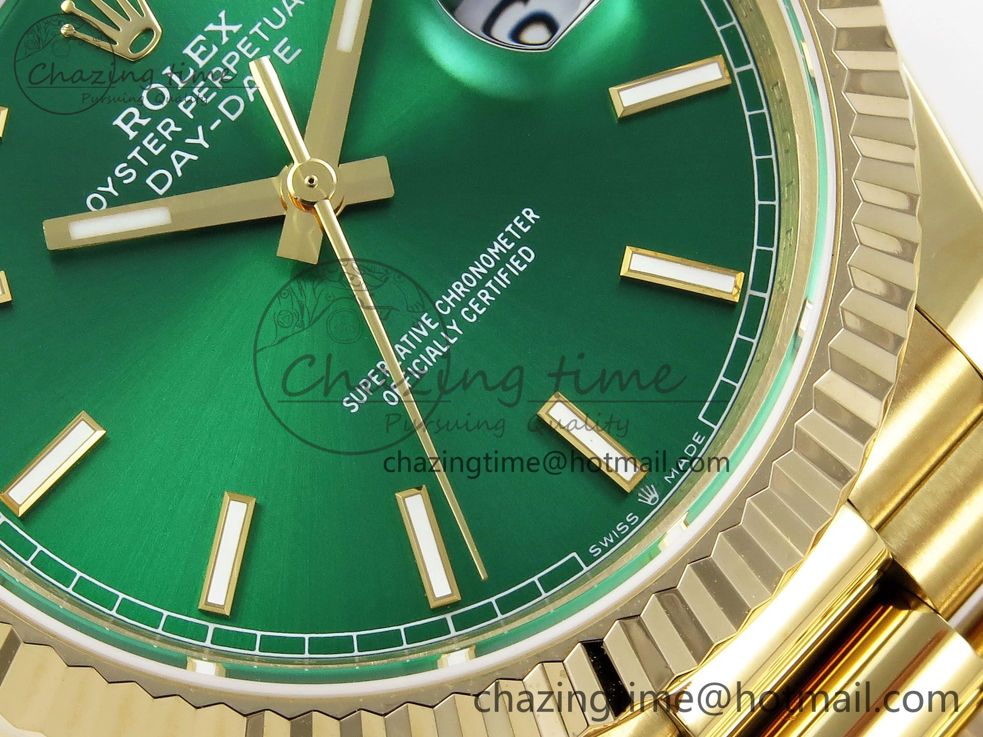 FastDry Day Date 40 YG JDF 904L Steel Green Stick Dial on President Bracelet VR3255 V3 (Gain Weight) 1372