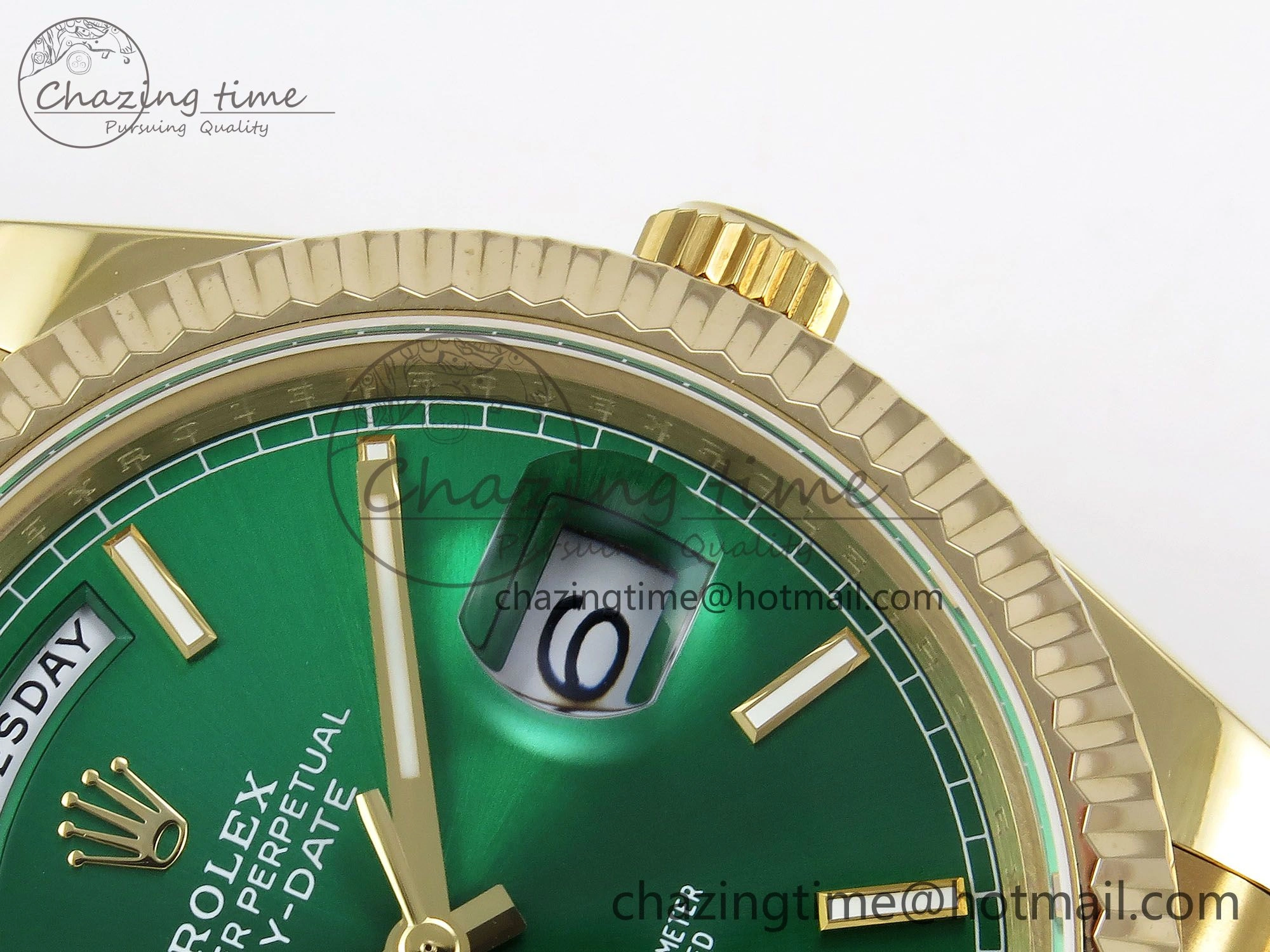 FastDry Day Date 40 YG JDF 904L Steel Green Stick Dial on President Bracelet VR3255 V3 (Gain Weight) 1372
