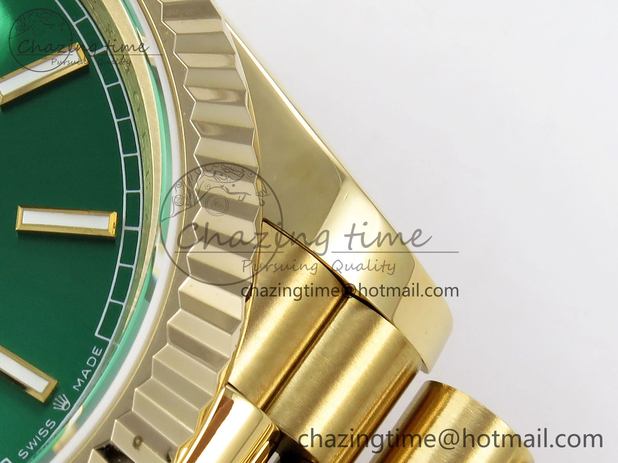 FastDry Day Date 40 YG JDF 904L Steel Green Stick Dial on President Bracelet VR3255 V3 (Gain Weight) 1372