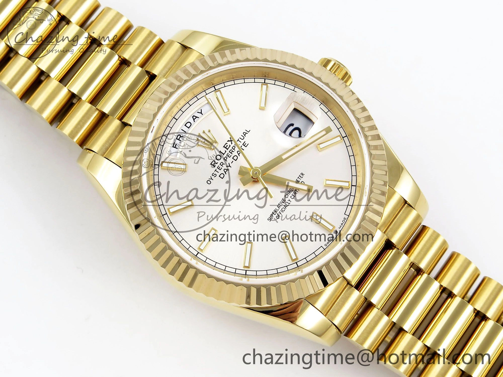 Seasonal Day Date 40 YG JDF 904L Steel Silver Stick Dial on President Bracelet VR3255 V3 (Gain Weight) 1374