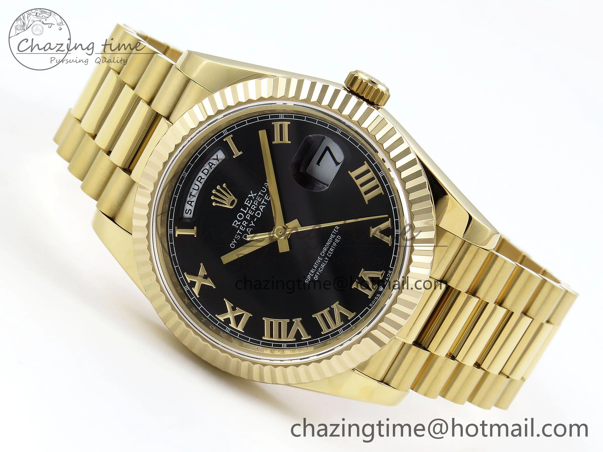 Day Date 40 YG JDF Gain Weight 904L Steel Black Roman Dial on President Bracelet VR3255 V FreshLook 1368