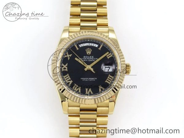 Day Date 40 YG JDF Gain Weight 904L Steel Black Roman Dial on President Bracelet VR3255 V FreshLook 1368